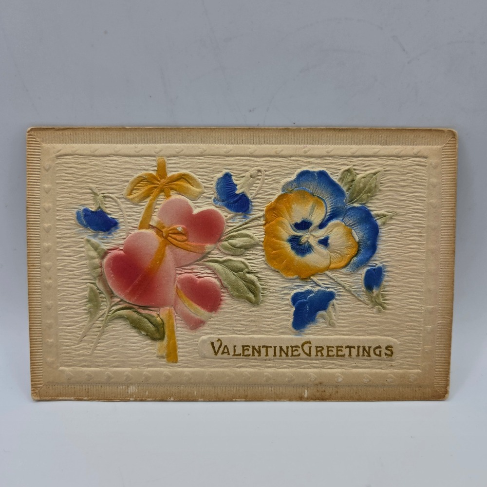 Vintage Valentine Greetings Postcard Embossed Pansy‎ Heart Flowers Made in USA